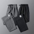Men Linen Cropped Pants Summer Thin Breathable Straight High Waist Casual Cropped Pants. 