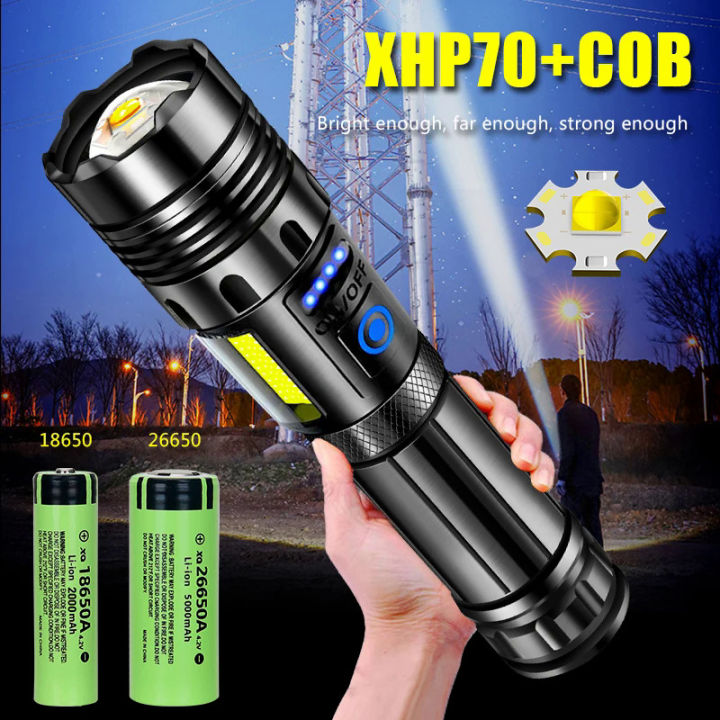 Powerful Led Flashlight XHP70 High Power Torch Light Usb Rejected Tactical Flashlight Use 18650 Battery COB Camping Lamp