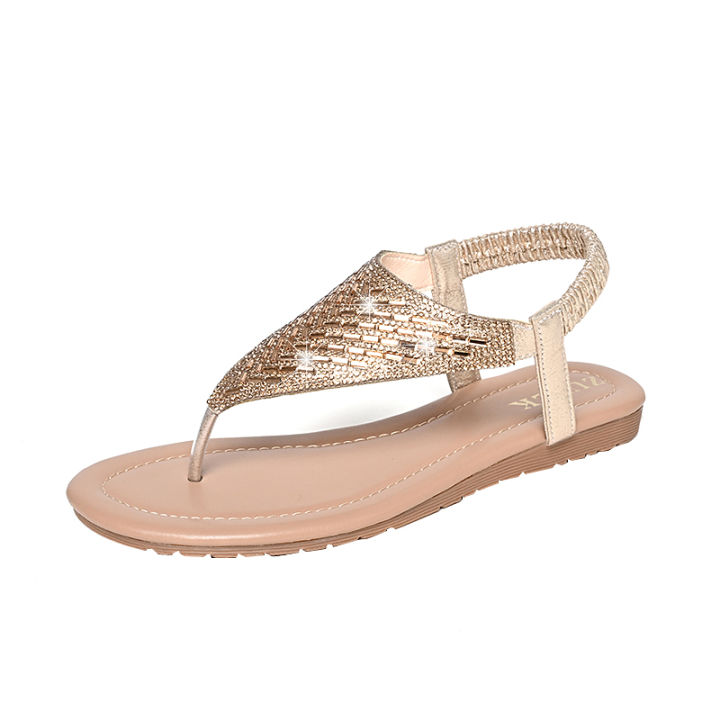Foot AI Bai Li2023Summer New Leather Flat Bottom Flat Heel Flip Flops Women's All-Match Rhinestone Casual Outdoor Sandals Women