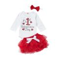Ma&Baby 3 Pieces Baby Suit Set, Letter Print Round Neck Long Sleeve Romper+ Tiered Skirt+ Headband, White Red, 0-24 Months. 