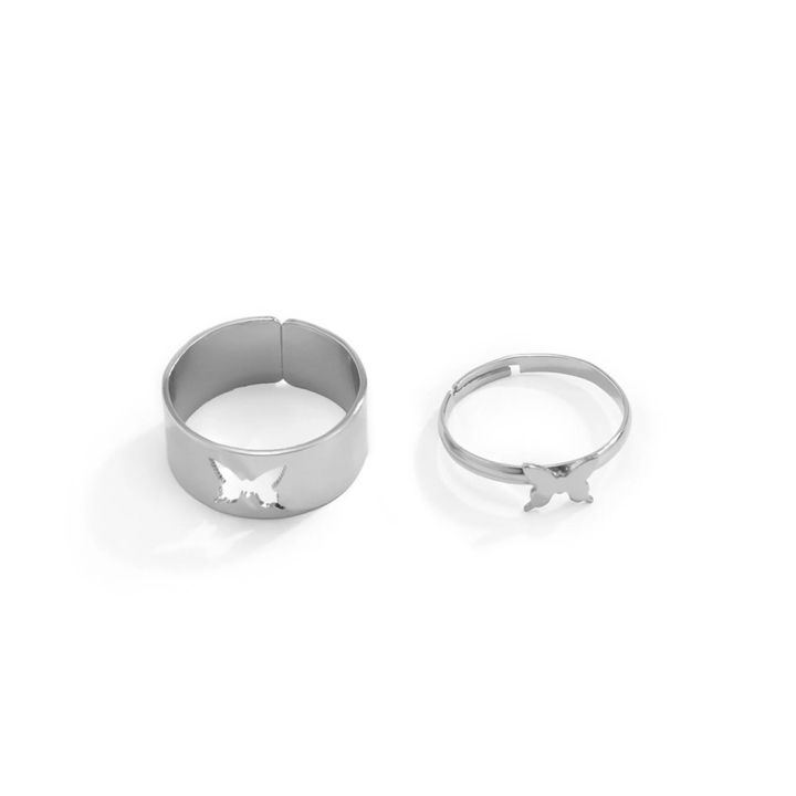 Butterfly King and Queen Couple Ring Set In Titanium Colour-Sliver