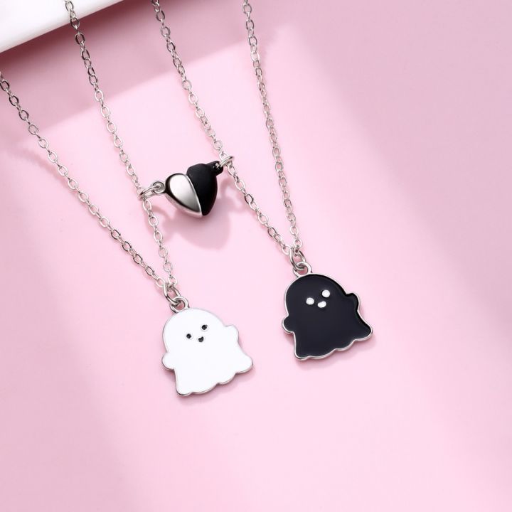 Lovecryst 2Pcs/set Cute Black and White Ghost Magnet Best Friend Necklace for Girls BFF Friendship Jewelry Gift