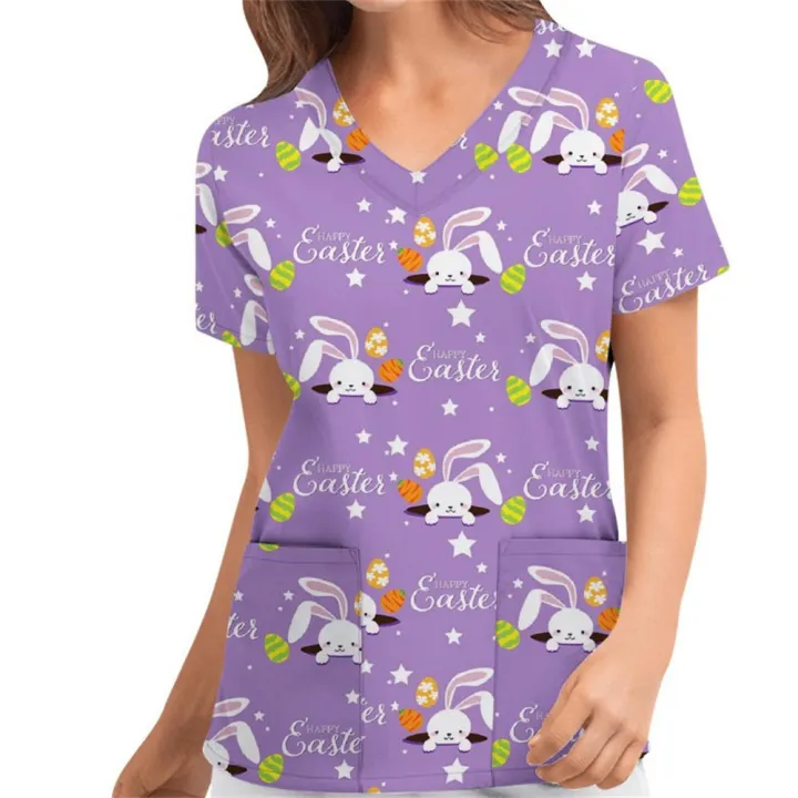 Women%20Easter%20Bunny%20Print%20Nursing%20Uniform%20Scrub%20Short%20Sleeve%20T-Shirt%20Tops%20For%202023%20Easter%20Home%20Party%20Accessories%20-%20Image%205