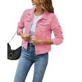 Jumperjuser-Women's Solid Color Denim Jacket, Casual Long Sleeve Button Down Chest Pocket Jean Jacket. 