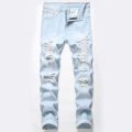 American cat whisker torn jeans Men's patch Worn slim fit Small straight sleeve Casual dad Long pants Autumn and winter.
