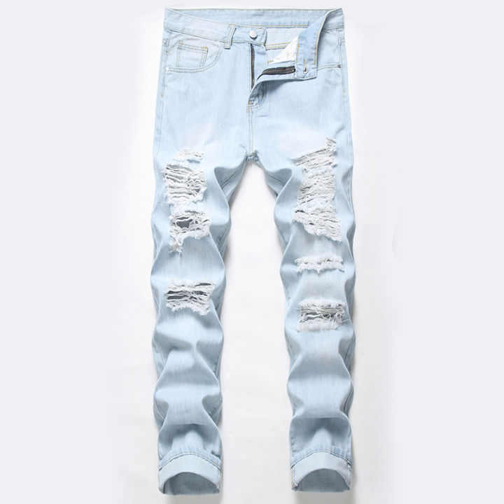 American cat whisker torn jeans Men's patch Worn slim fit Small straight sleeve Casual dad Long pants Autumn and winter