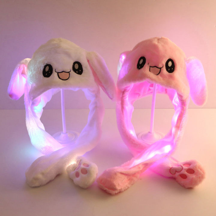 1Pc Glowing Cute Bunny Ears Hat Jumping Rabbit Hat Glowing Ear Moving Bunny Hat Cartoon Cute Plush Hat Toys Gift Cologo