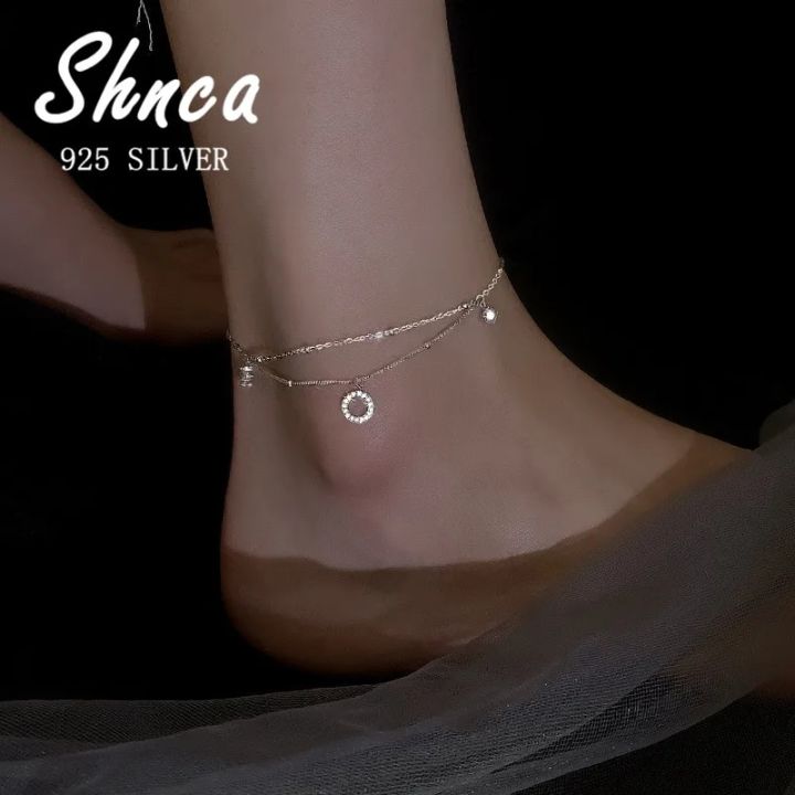 Wedding Fashion New 925 Sterling Silver Shine Round Cubic Zirconia Multilayer Chain Anklets For Women Girl LB017