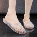 Fashionable crystal slippers for women's transparent sandals, women's hollow soft anti-odor flat heel, bath bathroom anti-slip shoes.