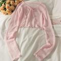 Women Frenum Cardigan Blouses and Tops Bow Lace Up Long Sleeve Crop Top Female Elegant Shirt Thin Aesthetic Clothes Korean Style. 