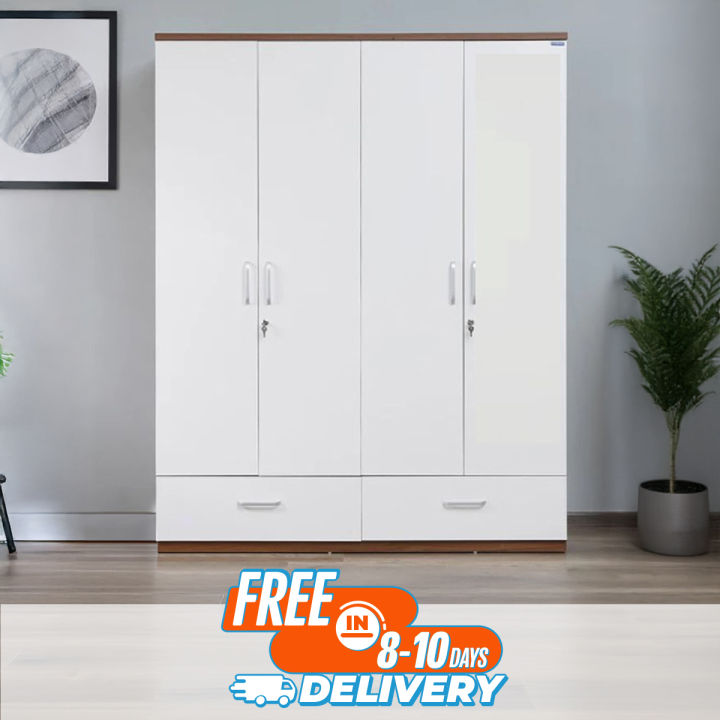Frosty White Mirage 4-Door Wardrobe,Partex MDF Laminated Board Almirah with clothes storage hanger shelf and 1 lock cabinet, 2 large Drawer for multipurpose use Cloths storage box shelve almira, Nice shop 4 Part Wardrobes Almirah72/48