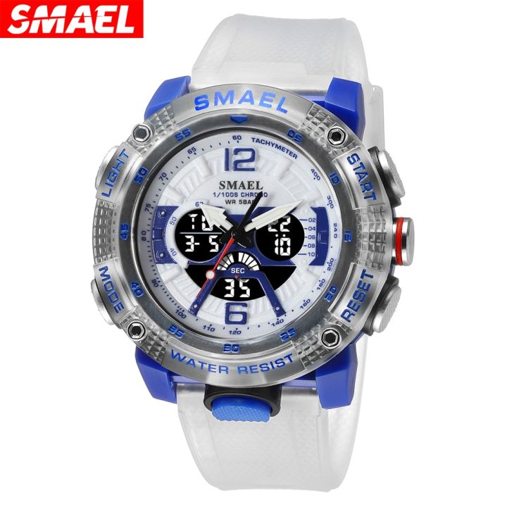 SMAEL Sport Watches Men Clock Digital LED Display Quartz Analog Stopwatch Fashion Translucent Strap Clock 8058 Male Wristwatch