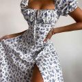 Floral Print Maxi Dress Women Elegant Square Neck Puff Sleeve High Split Long Dress Summer Casual Outfit Party Chic Vestido. 