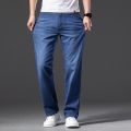 Men's Straight Cut Jeans Summer Loose Pants Light Blue Straight Leg Pants Fit Male Vintage Large Size 44 Business Denim Trousers.