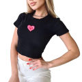 Casual Women Crop Tops, Short Sleeve Round Neck Heart Printed Tops for Summer Spring, Women Clothing.