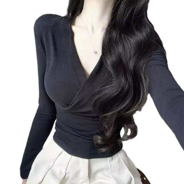 Design%20sense%20pinch%20waist%20V%20neck%20cross%20long%20sleeved%20T%20shirt%20for%20women's%20spring%20and%20summer%20slim%20fit%20inner%20layer%20thin%20base%20shirt%20spicy%20girl%20pure%20desire%20top%20-%20Image%205