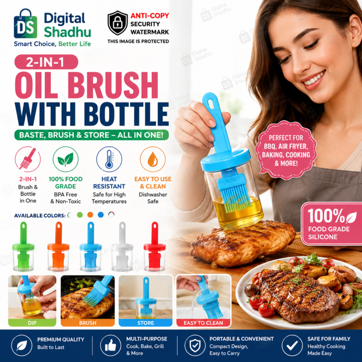 2-in-1 Oil Brush with Bottle Silicone BBQ Basting Brush Heat Resistant Air Fryer Tool | 100% Food Grade BPA Free Silicone