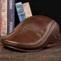 natural cowhide leather hat men's  leather berets fashion brand caps winter warm men leather cap earmufhats. 