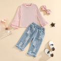 (New) 3PCs girls autumn tracksuit, flocked-sleeve pullovers beaded ripped jeans headband for kids, 1-5years. 