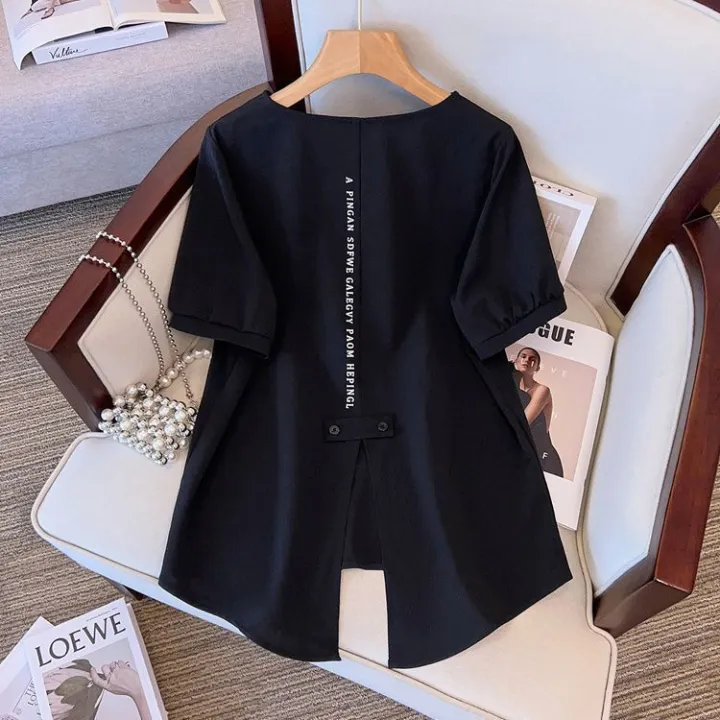 Split%20Short%20Sleeve%20T%20T-shirt%20Women's%20Summer%20New%20Korean%20Style%20Loose%20Slimming%20Large%20Size%20V%20Collar%20Top%20Female%20Fashion%20-%20Image%206
