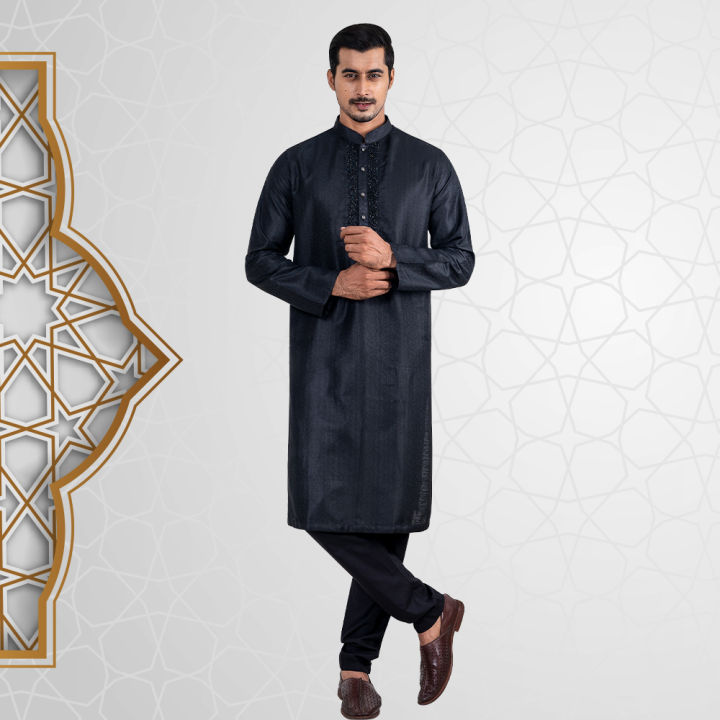 Lubnan Mens Black Color Cotton Fabrics Regular Fit Premium Set Panjabi With Pajama