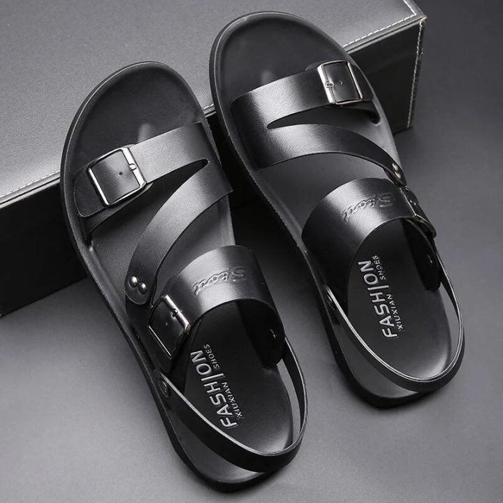 Fashion%20Comfortable%20Men's%20Sandals%20Solid%20Color%20Open%20Toe%20Mens%20Leather%20Sandals%202023%20New%20Slippers%20Beach%20for%20Male%20Leather%20Footwear%20-%20Image%203