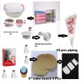 7 A Set Cake Decoration Turntable , 12 Pieces Steel Nozzle Set , 3 pieces planner , Measuring Spoon Set , 3 pieces Plastic Cream Scraper ,10 Pieces Pipping Bags & 3 pieces cake Board. 