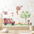 Cartoon A GrouCartoon Animal Fireman Helicopter Fire Truck Wall Stickers for Kids Room Bedroom Nursery Decoration Wall Decals.