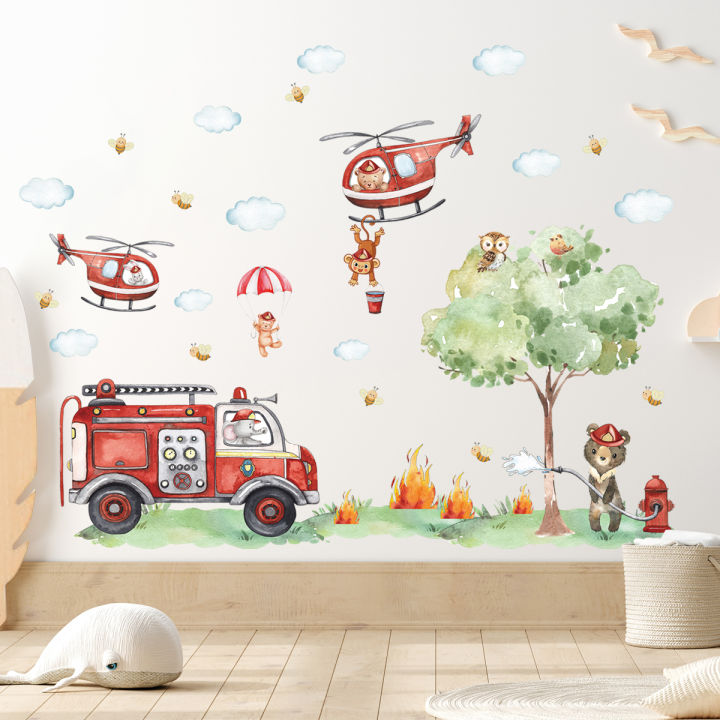 Cartoon A GrouCartoon Animal Fireman Helicopter Fire Truck Wall Stickers for Kids Room Bedroom Nursery Decoration Wall Decals