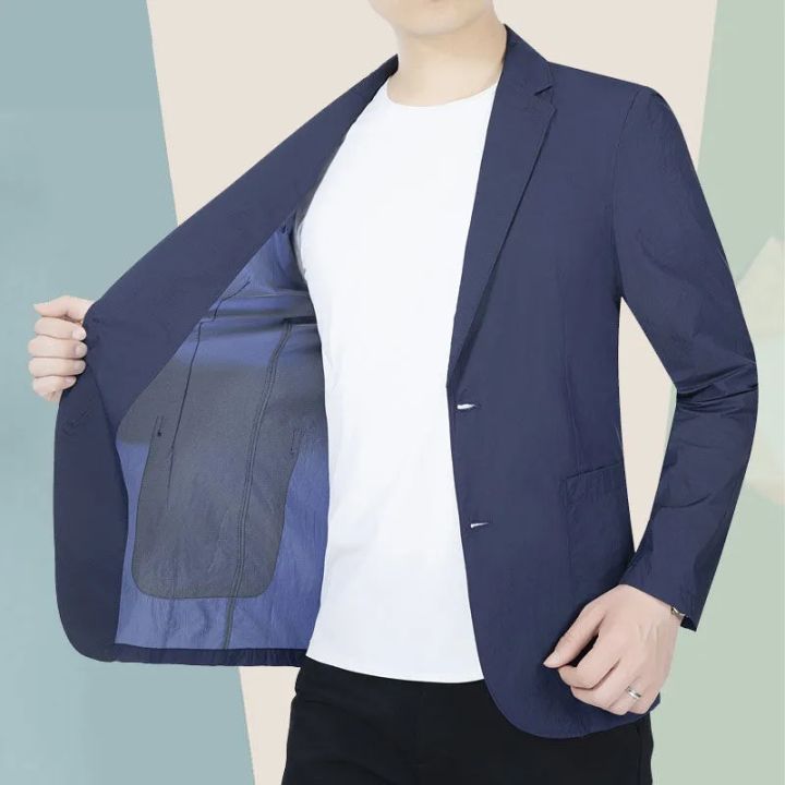 Summer%20Sun%20Protection%20Suit%20Jacket%20Men%20Casual%20Ice%20Silk%20Tops%20Solid%20Coat%20Single%20Breasted%20Pocket%20Blazer%20Korean%20Fashion%20Clothes%202023%20-%20Image%204