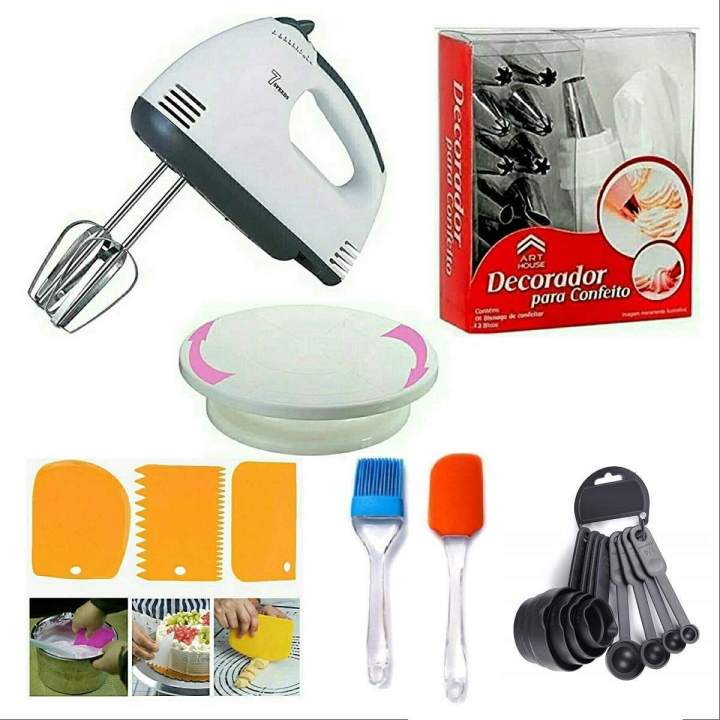 Cake Baking Combo Set Electric Hand Mixer, Cake Turning Table, Spatula and  Oil Brush Set, Cake nozzles Set, Cake scrapers pcs, pcs Spoon Set
