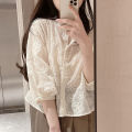 Korean Style French Style Fairy Design Lace Embroidered Flower Fashionable round Neck Loose Puff Sleeves Shirt for Women.