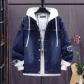 Fall New Coat Fashion Loose Men's Trendy Hat Jacket Denim Coat Youth Stitching Ripped Denim.