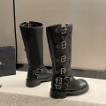 miu*Model Style Belt Buckle Chunky Heel Martin Boots Women's Spring/Summer Leather Retro below the Knee Boots Western Boots. 