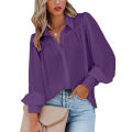 Women's Clothing Lantern Sleeve Pleated Solid Standing Collar Loose Shirt Long-Sleeved For Women Top. 