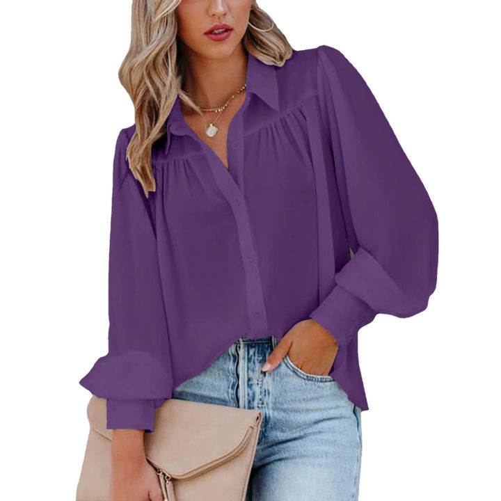 Women's%20Clothing%20Lantern%20Sleeve%20Pleated%20Solid%20Standing%20Collar%20Loose%20Shirt%20Long-Sleeved%20For%20Women%20Top%20-%20Image%204