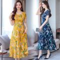 2022 new summer Korean dress women's Casual Short Sleeve temperament large yellow red flower round neck dress.