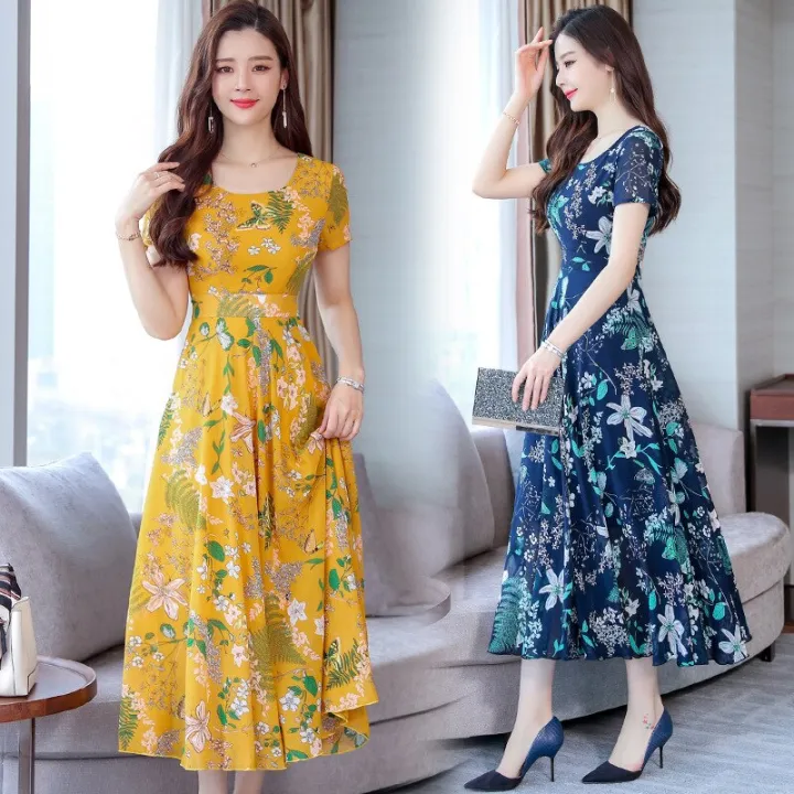 2022%20new%20summer%20Korean%20dress%20women's%20Casual%20Short%20Sleeve%20temperament%20large%20yellow%20red%20flower%20round%20neck%20dress%20-%20Image%203