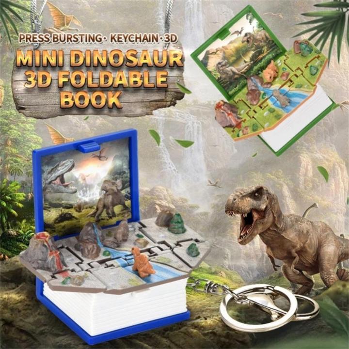 3D Folding Book Keychain Fold Book Popup Dinosaur Astronaut World Keyring For Kid Children Toy Dinosaur Party Gift