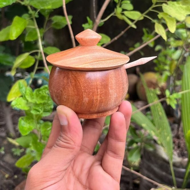 Round Shaped Wooden Sauce Box With Lid and Spoon /Wooden Sugar Bowl/Jar Salt Container
