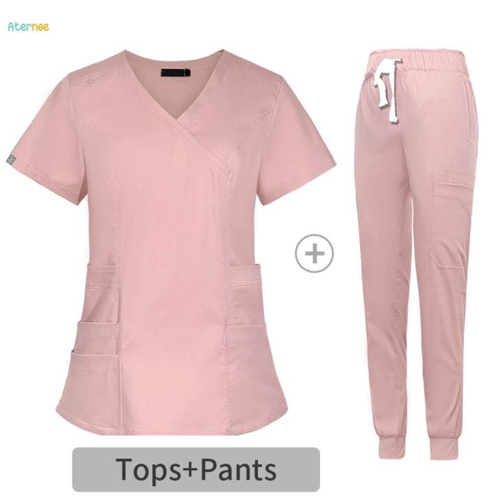 Women%20Nurse%20Work%20Clothing%20Nursing%20Uniform%20Top%20and%20Pants%20V%20S%20Pink%20-%20Image%203