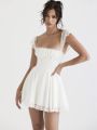2023 Summer Elegant White Lace Strap Mini Dress For Women Fashion Sleeveless Backless Loose Short Dresses Pure Color Shapewear. 