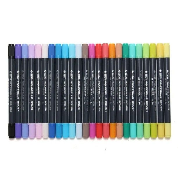 STA Aquarelle Dual Tip Fine Liner Brush Pen Non-Toxic Water Based Ink 24 pcs