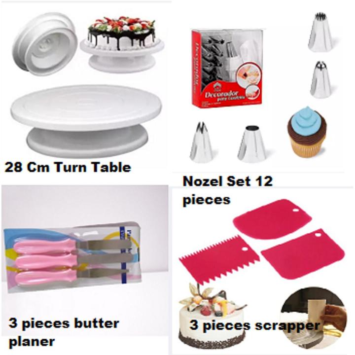4pcs BAking Combo Set-CAke Turn Table 28 cm + 12pcs Nozzle with Paiping Bag+ 3Pcs baking k.nife with handle + 3Pcs scraper set