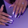 24pcs Press on Nails Punk Black White Patchwork Fire Pattern Long Coffin False Nails Ballerina Nail Art Manicure Full Tips.