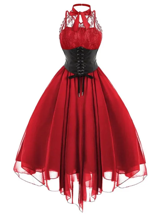 Fitshinling%20Gothic%20Ball%20Gown%20Party%20Dresses%20For%20Women%20Halter%20Lace%20Patchwork%20Sleeveless%20Vestidos%20Bow%20Tie%20Corset%20Short%20Midi%20Dress%20-%20Image%204