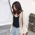 Women Flare Long Sleeve Shrug Cardigan Hollow Out Crochet Knitted Open Front Sheer Lace Cover Up Sweater Loose Outwear. 