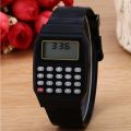 Students Calculator Digital Watch Solid Color Silicone Calculator Wrist Watch-black. 