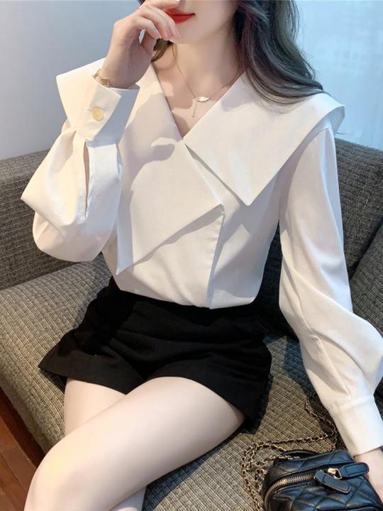M47%20Spring%20New%20Irregular%20Large%20Lapel%20White%20Shirt%20Women's%20Design%20Sense%20Minority%20Fashion%20Temperament%20Bishop%20Sleeves%20Top%20-%20Image%203