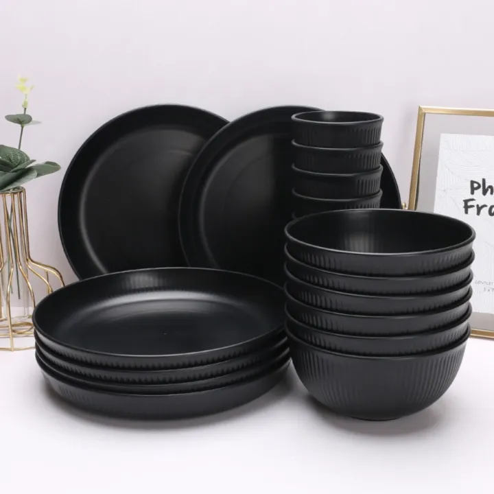 3pcs/set%20Eco-friendly%20Plastic%20Black%20Tableware%20Set%20Vertical%20Stripes%20Anti-fall%20Cutlery%20Set%20Plate/Bowl/Cup%20Party%20-%20Image%205